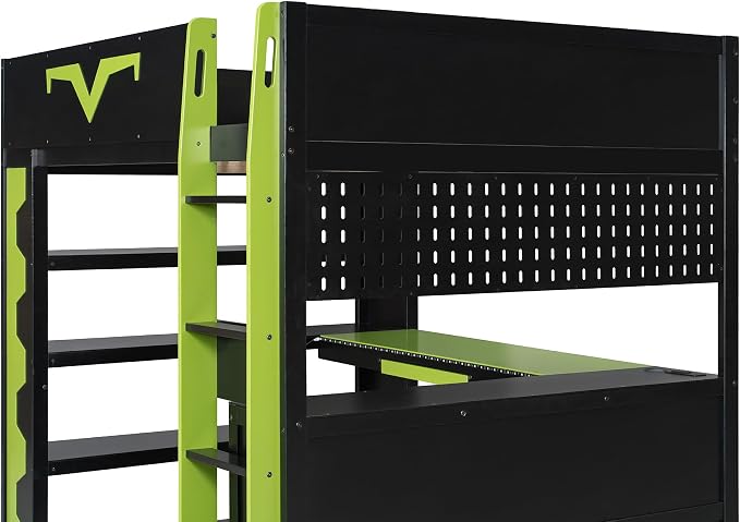 Merax Full Size Gaming Loft Bed with Desk and RGB LED Lights, Pro-Gamer Bed with Power Outlet, Large Bookshelf, Pegboard, Keyboard Tray & Drawer, Green - Image 8