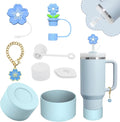 Stanley Cup Accessories Set,Including 2 Pcs 0.4in Straw Cover, 1 Silicone Spill-Proof Stopper Set of 3, 1 Cute Flower Handle Charm, 1 Silicone Boot Fits Stanley 40&30 Oz Tumbler (Blue) by Vikgle