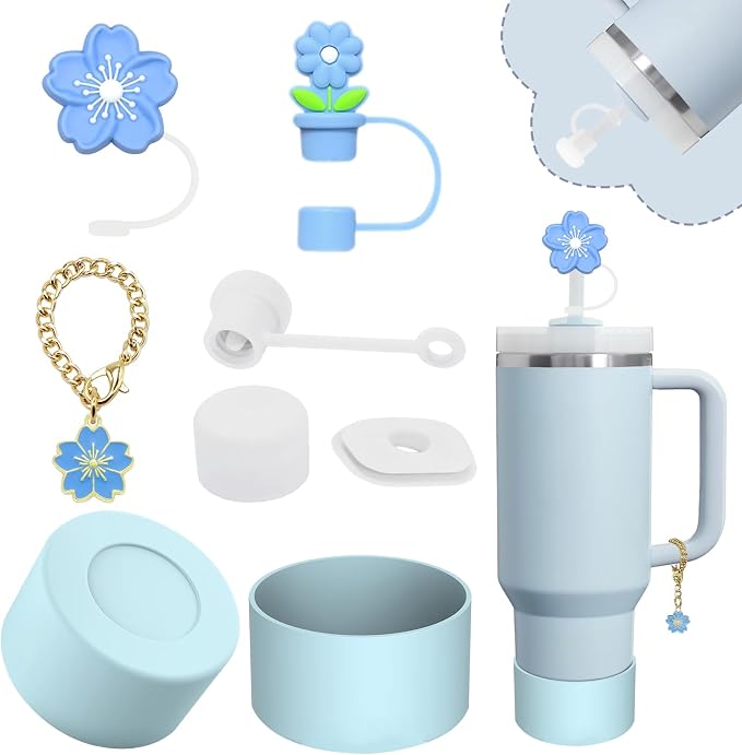 Stanley Cup Accessories Set,Including 2 Pcs 0.4in Straw Cover, 1 Silicone Spill-Proof Stopper Set of 3, 1 Cute Flower Handle Charm, 1 Silicone Boot Fits Stanley 40&30 Oz Tumbler (Blue) by Vikgle