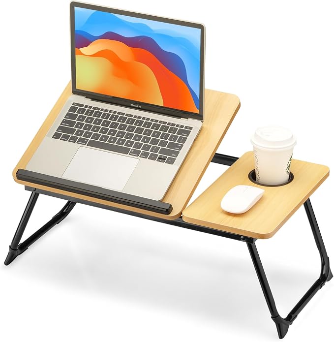 FISYOD Foldable Laptop Desk for Bed Couch, Adjustable Split Lap Desk with Cup Holder, Portable Lightweight Bed Table Tray, Heavy-Duty Laptop Stand for Working, Writing, Reading and Eating - Oak by FISYOD