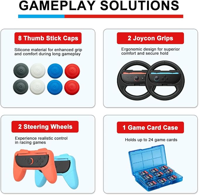 Accessories Bundle for Nintendo Switch 2, OUNFNOE 18-IN-1 Kits for Switch 2 Accessories, Carrying Case, Controller Charging Dock, Joy-Con Thumb Grips, Tempered Screen Protector, Steering Wheels for Mario Kart, Protective Console Cover - Image 8