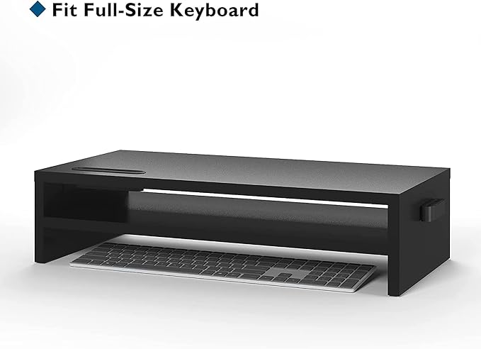 BONTEC Wood Monitor Stand Riser, 2-Tier Desktop Organizer | Ergonomic Computer Stand for Desk, Cable Management, Cellphone Holder, 21.3 Inch Shelf, Black - Image 2