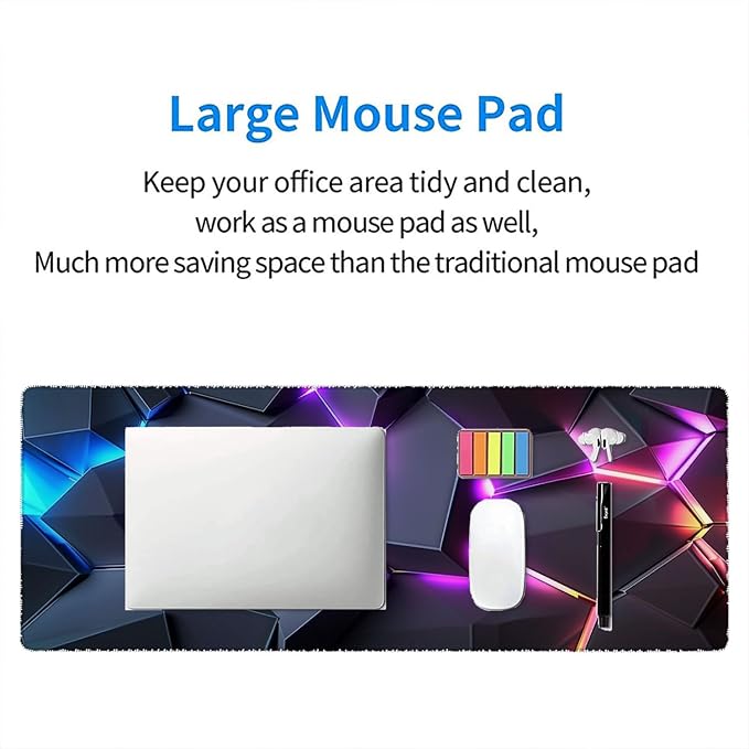 Neon 3D Geometry Desk Pad Mouse Pad Colorful Crack Cool Extended Gaming Mouse Pad Mat with Stitched Edge Non-Slip Base Big Mouse Pad Office Computer Keyboard Laptop Home 31.5"x11.8" - Image 7