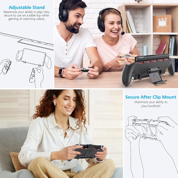 OIVO Switch Grip with Upgraded Adjustable Stand, Asymmetrical Grip with Adjustable Stand and 5 Game Slots-4 Thumb Caps Included, Black, Interactive Gaming Figures - Image 2
