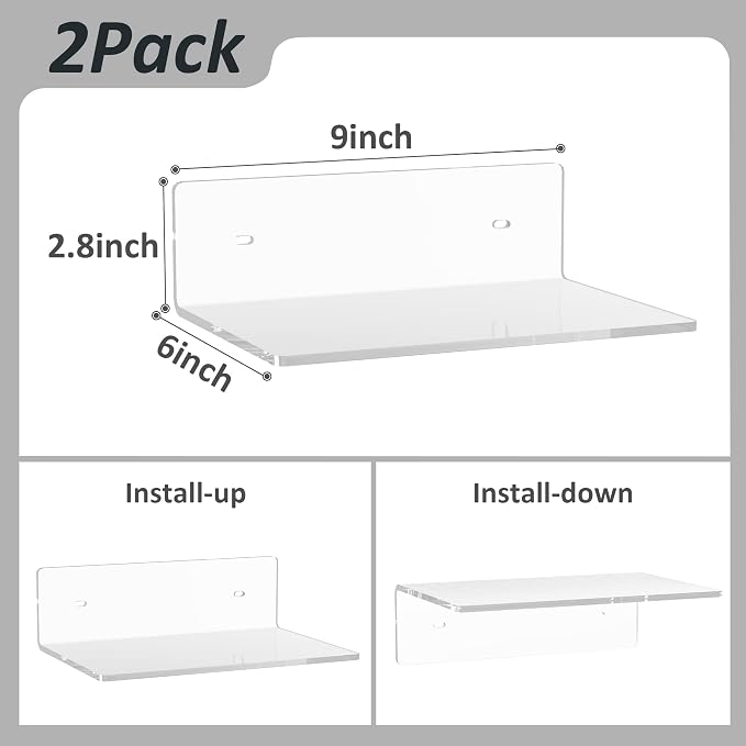 Sezanrpt 9 Inches Acrylic Wall Shelves 2 Pack, Floating Shelf for Wall Mounting, Acrylic Display Ledges for Funko Pop Figures, Home Décor, Living Room, Gaming Room, Plants(9 inch, Clear) - Image 3