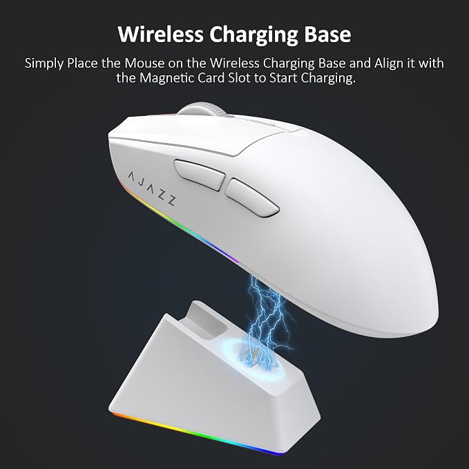 AJAZZ AJ139 V2 MC Wireless Gaming Mouse with RGB Charging Dock, 66g Ultra-Lightweight Tri-Mode Optical Mouse, 12000 DPI PAW3311 Sensor, Ergonomic Rechargeable Gaming Mouse for PC/Mac - White - Image 6