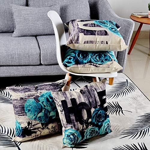 Turquoise Throw Pillow Covers 20x20 Set of 4, Teal Grey Aqua Blue Flower Pillow Cover Rose Pillowcase for Couch Sofa Floral Cotton Linen Accent Square Cushion Cases Bedroom Living Room Outdoor Decor - Image 3