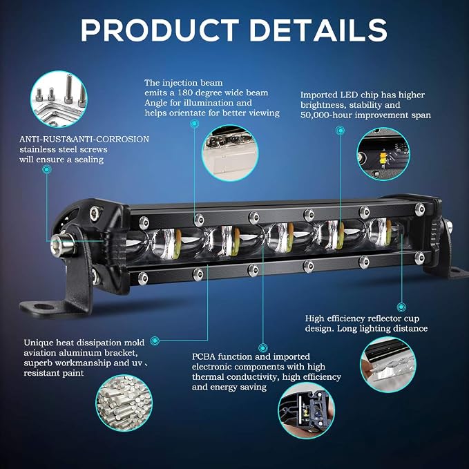 CO LIGHT Led Light Bar Single 7 inch Slim Single Row Lightbar Driving Combo Beam Off Road Fog Work Lights with Mounting Brackets & 6D Reflectors for Truck, Car, Cabin, Boat, ATV, UTV - Image 9