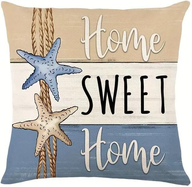 Beach Theme Throw Pillow Covers, 18x18 inches, Set of 4, Coastal Seashell and Starfish Design, Decorative Linen Cases for Living Room - Image 2