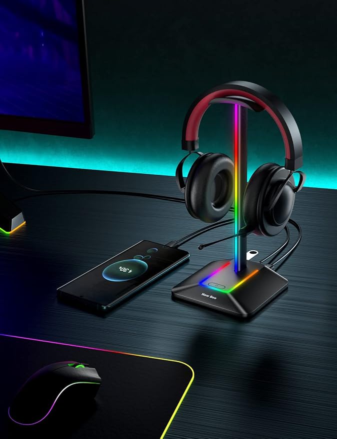 New Bee Headphone Stand with RGB Lighting, Sturdy Aluminum Gaming Headset Holder with USB-C & USB Charging Ports, Stable Desktop Earphone Stand for All Headphones Size, Black | USB-C & USB Charging Ports, Stable Desktop Earphone Stand for All Headphone... - Image 6