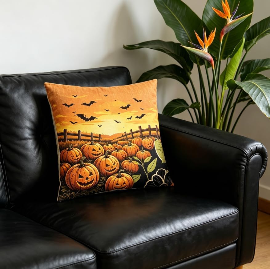 Halloween Throw Pillow Covers, Pumpkin and Witch Design, Linen, 18x18 Inch, Set of 2, Multicolor - Image 4