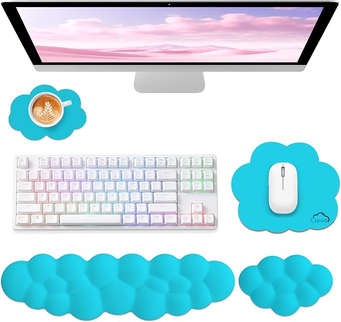 Sushret Cloud Wrist Rest for Computer Keyboard and Mouse Pad Set,Scuba Blue | Memory Foam, Leather, 4-in-1 Cloud Keyboard Wrist Rest Set with Ergonomic Support for Arm and Palm Cushion, Gaming/Work Setup by Sushret