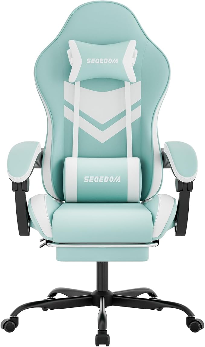 Gaming Chair with Footrest & Massage Lumbar Support, PU Leather Ergonomic High Back Swivel Height Adjustable Chair for Adults, Office Gaming, 300 lbs (Green White) by SEGEDOM