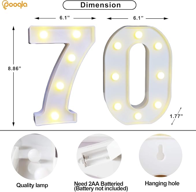 Pooqla 70th Birthday Decoration for Woman Man, Decorative LED Light Up Numbers, Marquee Numbers 70 Sign for Party Backdrop 70th Wedding Anniversary Decor, Warm White and Cool White Number 70 - Image 5