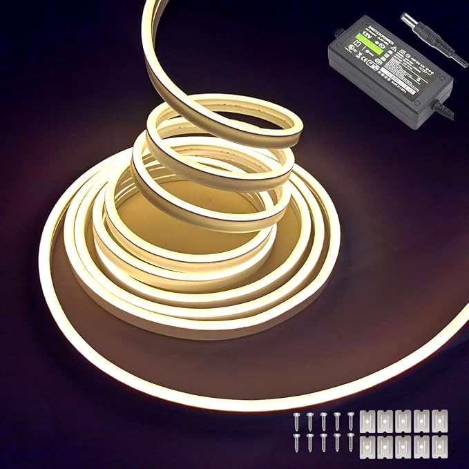 Warm White Neon LED Strip Lights, 16.4ft 12V Waterproof Flexible Light for Indoor/Outdoor Decoration (Includes Power Adapter) by Maxlaxer