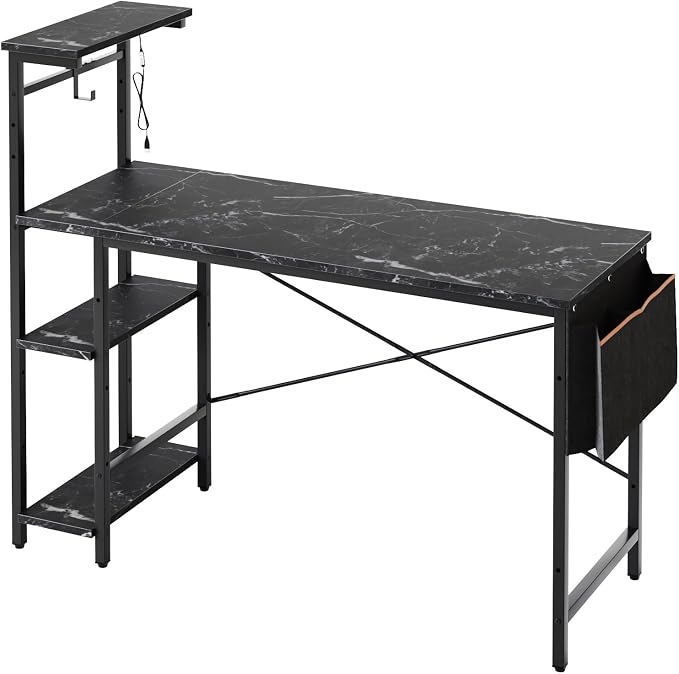Bestier Gaming Desk with LED Lights, 51.3 Inch Computer Desk with 4 Tiers Reversible Shelves, Gamer Desk with Side Storage Bag, Hooks and Height Adjustable Shelf (Black Marble) - Image 8