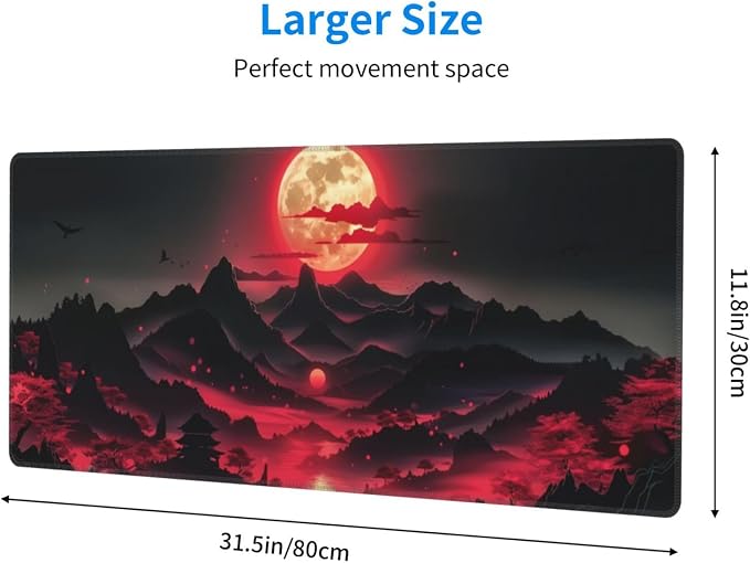 Extended Gaming Mouse Pad, Large Desk Mat XL Anime Mouse Pad Waterproof with Stitched Edges, Non-Slip Desktop Pad for Home and Office, Level Up Your 31.5x11.8 Inch (Darkness Red Moon3) - Image 2