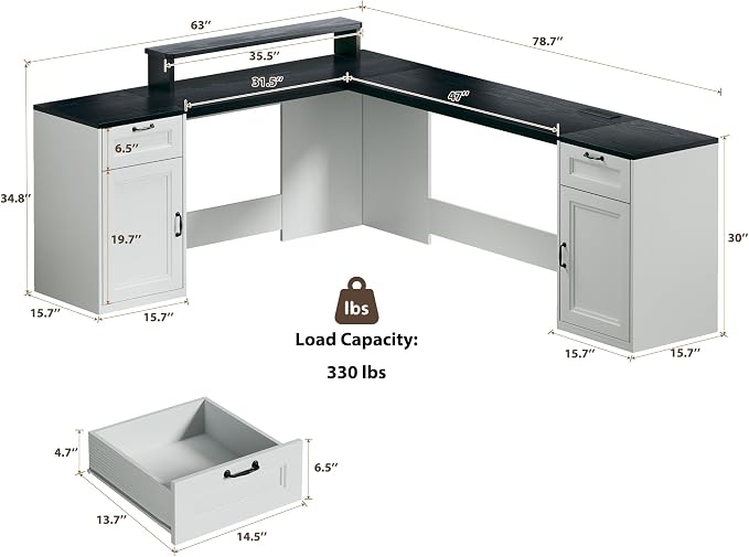 HUAHUU 78" Farmhouse L Shaped Executive Desk with Drawers, Modern Computer Desk with Power Outlets, Office Writing Desk with Monitor Stand & Storage Cabinet, Printer Shelf, Antique White - Image 2