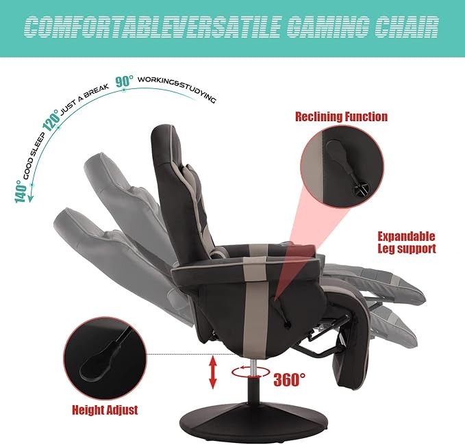 LVUYOYO Reclining Gaming Chair, Gaming Chair with Footrest and Massage, High Back PU Leather Gaming Recliner w/Adjustable Height, Swivel Game Chair with Lumbar Support, Cup Holder, Headrest - Image 5