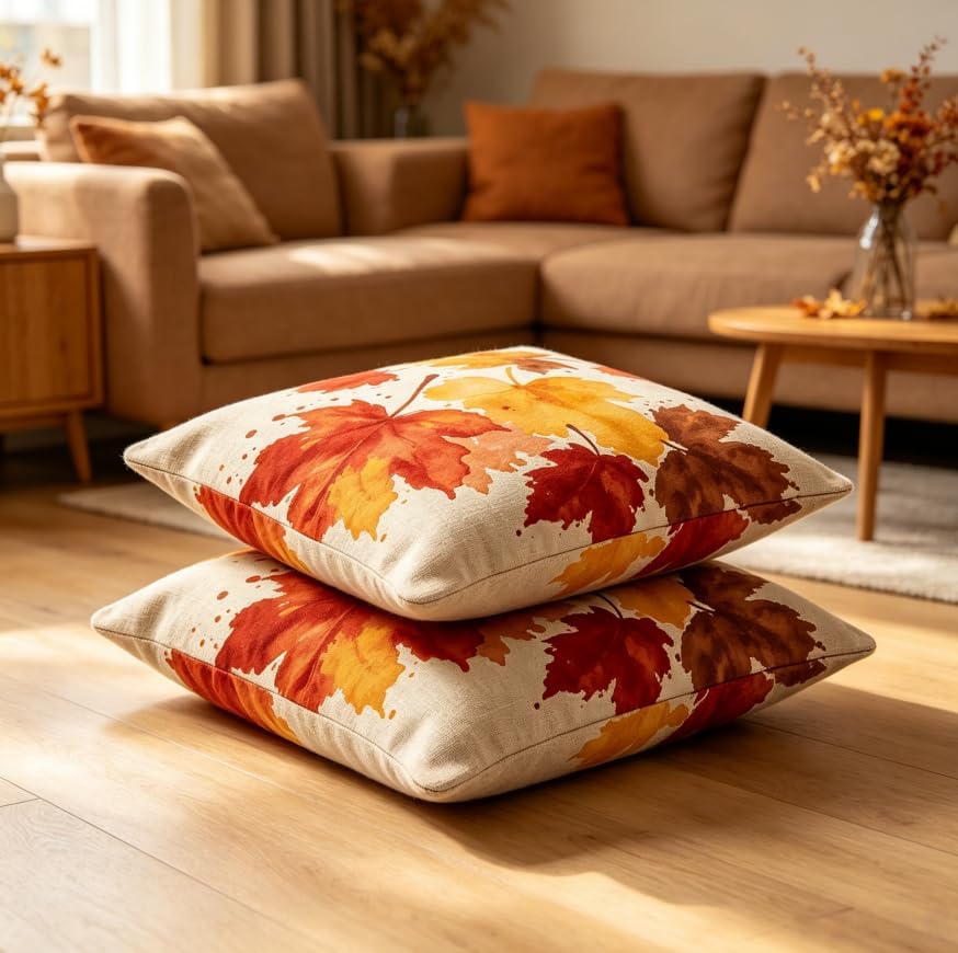 Fall Throw Pillow Covers, Autumn Maple Leaf Watercolor Print, Linen, 18x18 Inch, Set of 2, Farmhouse Style,Thanksgiving Decorations - Image 2