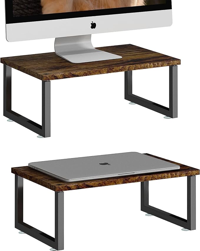 Simple Trending Wood Monitor Stand Riser, 2 Pack, Antique Brown | Desk Storage Organizer, Desktop Stand for PC/TV/Laptop/Printer , Sturdy Metal Frame, Waterproof, 29"W x 8.97"D x 5.43"H by SimpleTrending