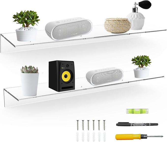 Sezanrpt 24 Inches Clear Floating Shelves for Wall, Acrylic Long Wall Shelf, Wall Mounted Shelves for Plants, Speaker, Radio, Funko Pop, Stuffed Animal, Books, Cosmetics, Toiletries, 2 Pack (24 Inch) by Sezanrpt