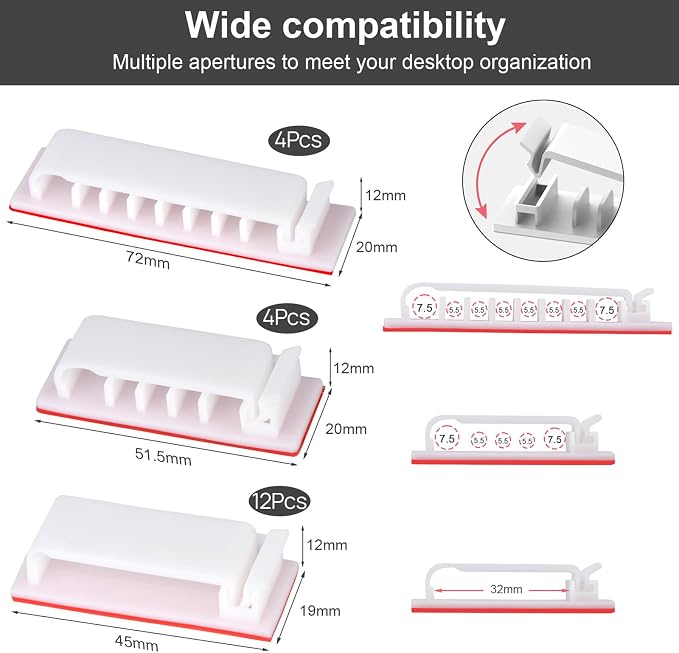 Cable Management Clips, 20Pcs Cable Organizers Wire Clips Cord Holder for TV PC Ethernet Cable Desk Home Office (White) - Image 2