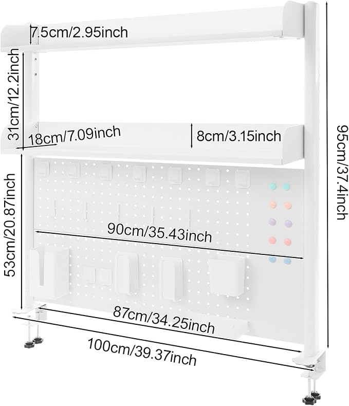 Clamp on Desk Pegboard, 39.4" W x 37.4" H Desk Extender Pegboard Bookshelf Computer Desk Accessories with Shelf for Tool Organizer Office, Privacy Panel for Gaming Desk, White - Image 2