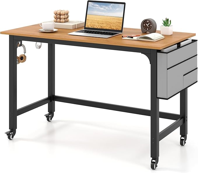 COSTWAY 48” Mobile Computer Desk, Home Office Desk on Wheels, Simple Study Writing Table with 4 Lockable Wheels, Metal Frame, Rolling Laptop PC Table for Small Space (Natural) by COSTWAY