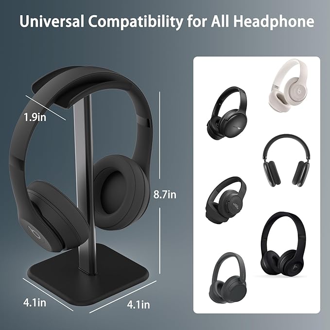 Headphone Stand for Desk - Headset Stand Headphone Holder (Black) | with Aluminum Hanger and Plastic Headrest, headphone holder for AirPods Max, Sony, Bose, Beats and More - Image 3