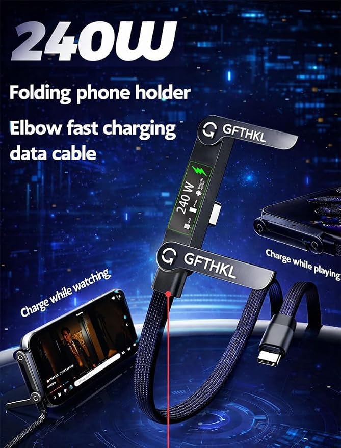 Invisible Holder Charger Cable, 240W Super Fast Charging with Stand, Built-in Phone Support Fast Charging Cord, Type C Braided Design for Gaming Office Travel (C to Lightning) - Image 2