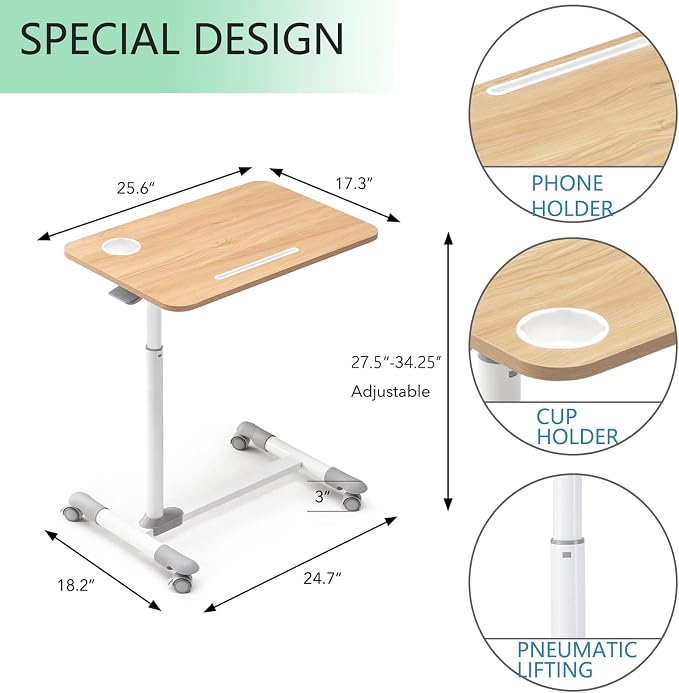 ETHU Overbed Table with Wheels, Height Adjustable 27.1-34.2", Oak - Image 3