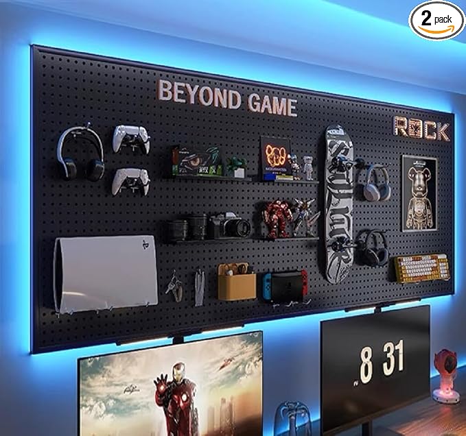 RGB Gaming Wall Organizer Peg Board with RGB LED Strip Lights, 2PCS Metal Gamer Wall Decor Peg Board with Hooks, DIY Gaming Setup Organizer PegBoard Gaming Wall Accessories 12 * 24” by Qustikuri