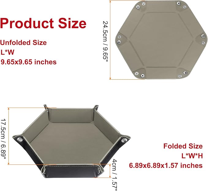HARFINGTON PU Leather Dice Tray Unisex Valet Tray Folding Hexagon Tray Portable Entryway Table Nightstand Bedside Desk Holder for Key Wallet Watch Coin Jewelry, Gray - Image 2