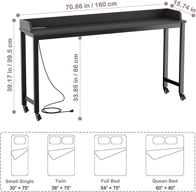 Ytaoka Overbed Table with Wheels, 70.8" Queen Size Bed Table Over the Bed Table with Charging Station, Rolling Laptop Table Over Bed Desk with 2 AC Outlets and 2 USB Ports for Home and Hospital, Black - Image 2