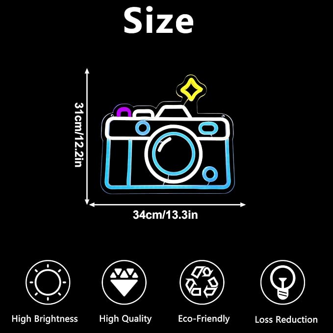 Camera Neon Sign Dimmable LED Light Up Wall Decor Multi-Color Retro Photography Studio Art Vintage Vlogger Background Accessory for Bedroom, Gaming Room, Store Photographer Gifts(13.3 * 12.2in) - Image 6