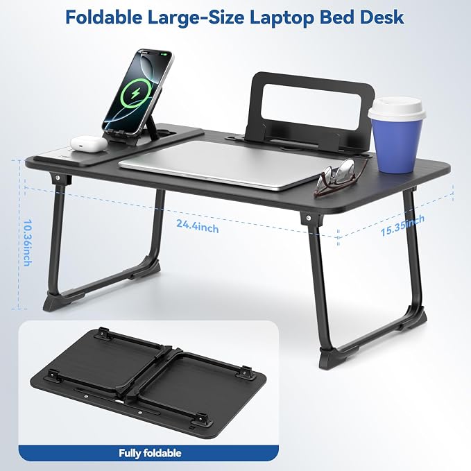 Lap Desk Bed Table with Wireless Charger - Foldable Large Laptop Tray with Tablet Slot and Book Shelf, No Assembly Table for Couch Chair Floor for Sturdy, Writing, Studying Eating, and WFH - Image 8