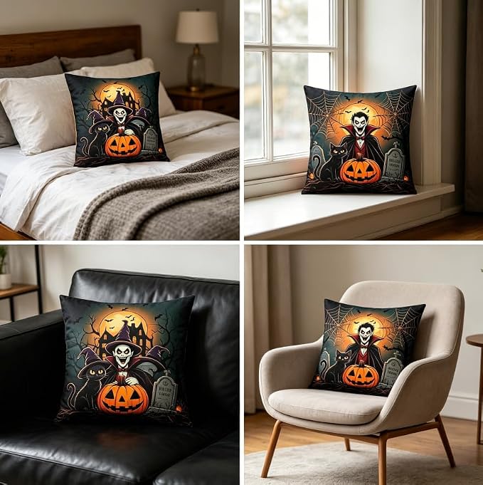 Halloween Throw Pillow Covers, Vampire and Black Cat Spooky Design, Linen, 18x18 Inch, Set of 2, Machine Washable - Image 4