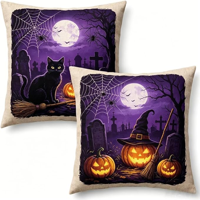 Halloween Throw Pillow Covers Linen, Black Cat Pumpkin Witch Spider Web Design, 18x18 Inch, Set of 2 by Unknown
