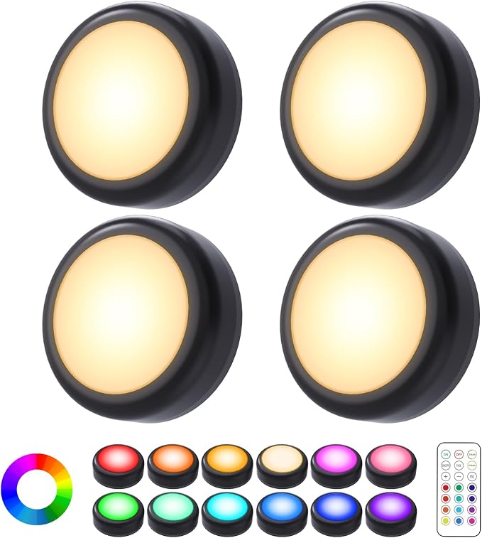 Cadrim Puck Lights, 4 Pack LED Puck Lamp Set, Battery Powered Under Cabinet Lighting, 13 Color Changing, 1 Wireless Remotes for Kitchen Closet Bedroom, Black by Cadrim
