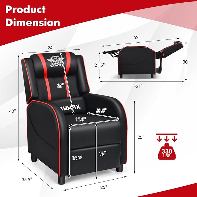 GYMAX Gaming Recliner, Massage Gaming Chair with Adjustable Footrest, Remote Control & Side Pocket, Ergonomic Game Lounge Chair, Racing Style Single Theater Seat Game Sofa for Adults (Red) - Image 3