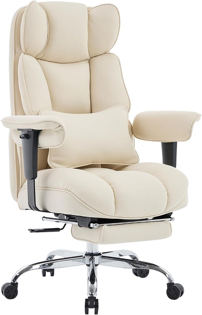 Efomao Executive Office Chair, Beige Fabric Big and Tall Desk Chair | Breathable fabric, pocket spring & foam seat, retractable footrest, 135° recline for computer gaming setup by OFFICECHAIR