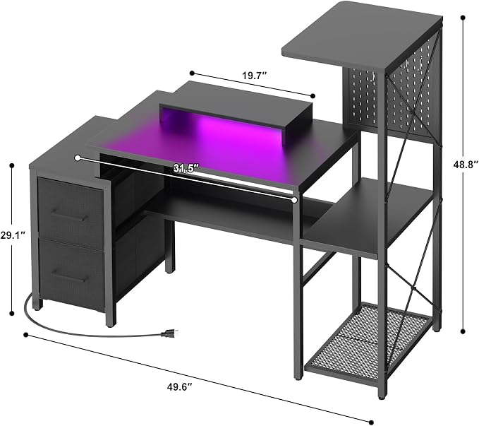 Small Gaming Desk with 2 Fabric Drawers - Reversible Computer Desk with Power Outlet & LED Lights, 49" Office Desk with Monitor Stand & Storage Shelves, Writing Study Table with Pegboard, Black - Image 2