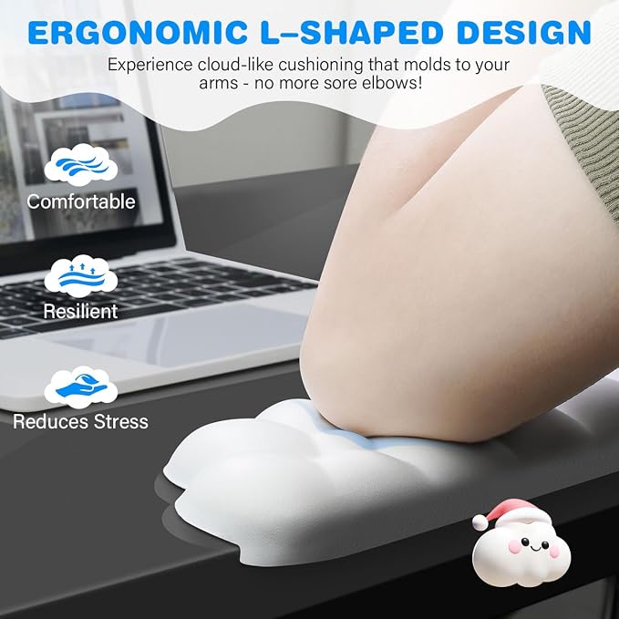 JIKIOU L-Shaped Desk Elbow Pad for Desk,Memory Foam Elbow Support Pad 2Pack | Massage Design, Cute Cloud Shape, Waterproof Leather Surface, Non-slip Rubber Base, Ergonomic Cushion for Pain Relief, White - Image 2