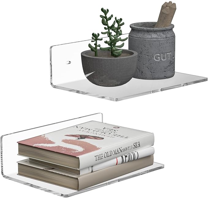 Sezanrpt 9 Inches Acrylic Wall Shelves 2 Pack, Floating Shelf for Wall Mounting, Acrylic Display Ledges for Funko Pop Figures, Home Décor, Living Room, Gaming Room, Plants(9 inch, Clear) by Sezanrpt