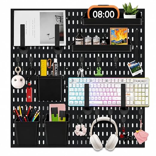 Wall Mount Wall Organizer Pegboard for Gaming & Office, 4 Pack, 12x12 Inch | Pegboard Wall Organizer Kit with Hooks, Shelves, Clips and Bins to Organize Office, Gaming Supplies, Wall Mounted Peg Board by Hokimder