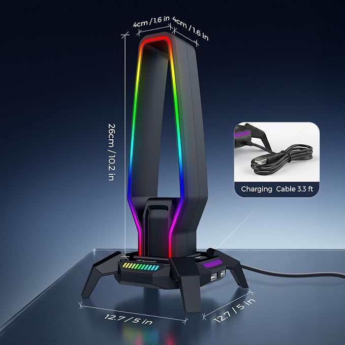 MARVO RGB Headphone Stand Data Transmission, 9 Lights Mode Headset Holder with 1 USB-C & 3 USB Ports & 1 3.5mm Jack Port, Ultimate Gaming Accessories for Gamers for PS, Xbox, PC - Image 5