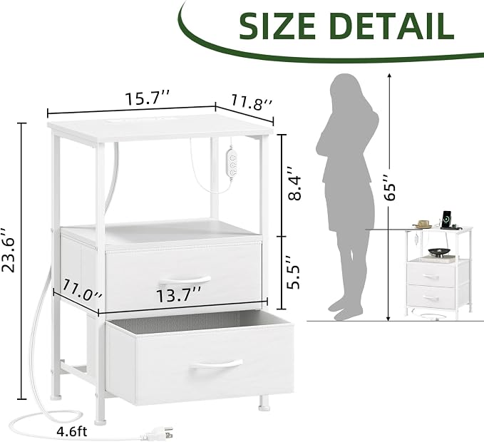 Somdot Nightstand with 2 Drawers, Charging Station & LED Light - Image 3
