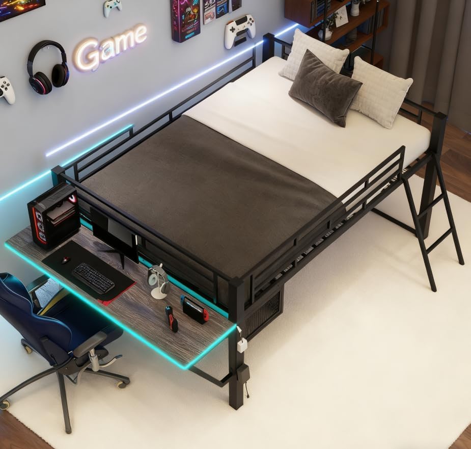 Bellemave Full Loft Bed with Desk, Gaming mid loft Bed with Desk, LED for Adults, Teens, Kids, Black - Image 4
