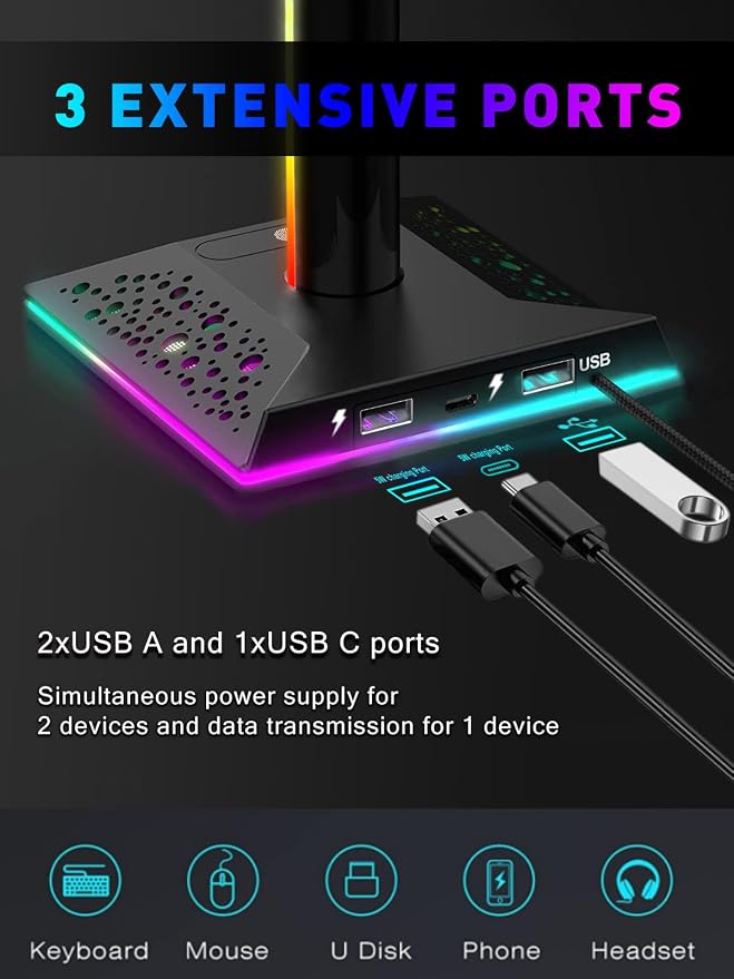 VCOM RGB Gaming Headphones Stand with 2 USB and 1 Type-C Ports, Headset Stand with 10 Light Modes and Non-Slip Rubber,Suitable for All Earphone Accessories, Best Gift for Desk Gamers - Image 3